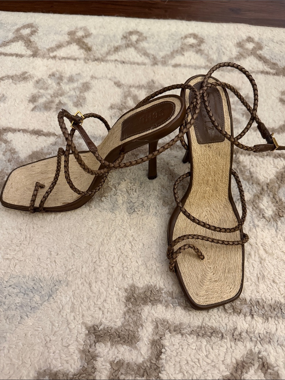 SCHUTZ Brown Braided Strap Mid-Heel Sandals